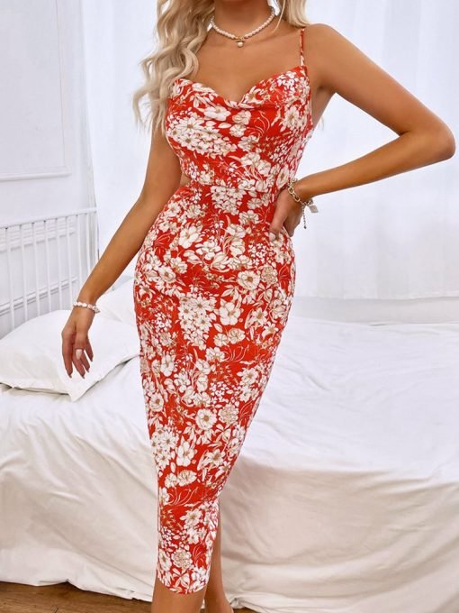 Robe Rouge Fleurs Blanches 3